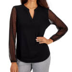 Kasper Petite Sheer-Sleeve V-Neck Top Women's PXL Black Long Sleeves Pullover~