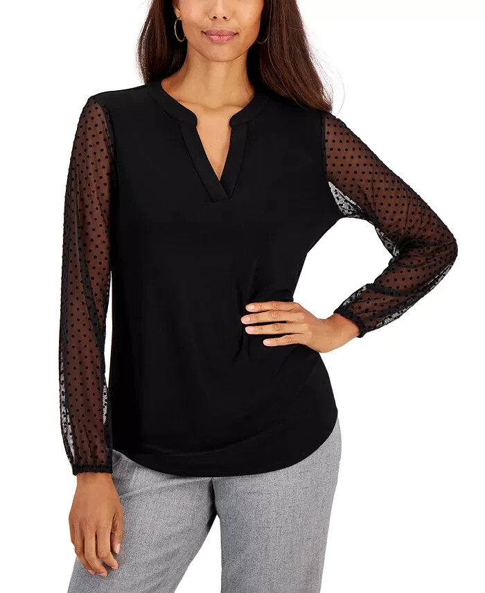 Kasper Petite Sheer-Sleeve V-Neck Top Women's PXL Black Long Sleeves Pullover~
