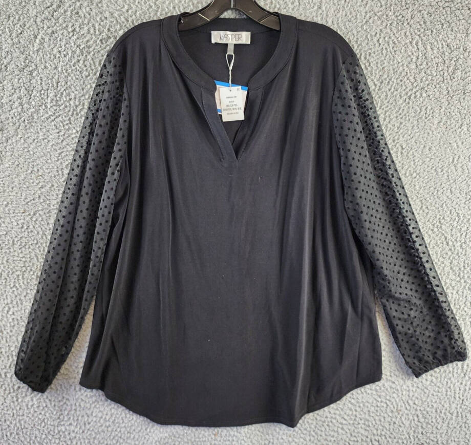 Kasper Petite Sheer-Sleeve V-Neck Top Women's PXL Black Long Sleeves Pullover~