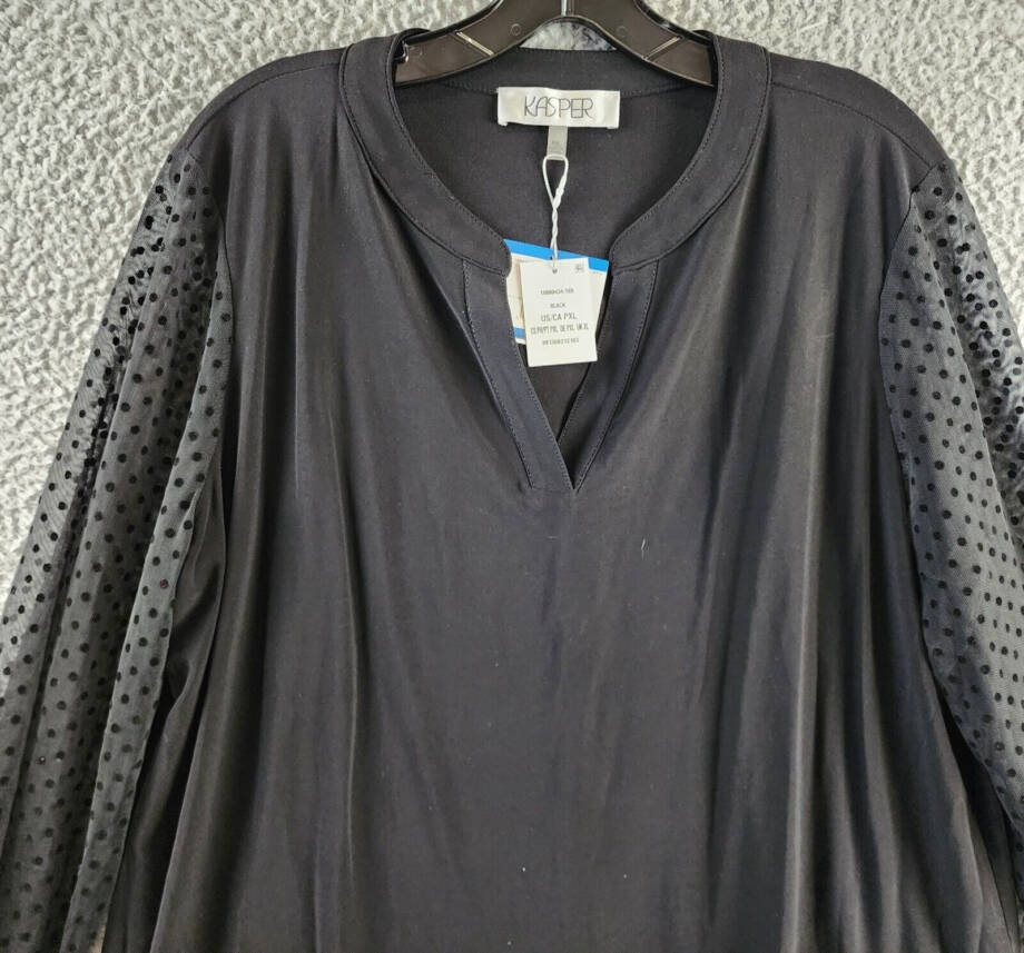 Kasper Petite Sheer-Sleeve V-Neck Top Women's PXL Black Long Sleeves Pullover~
