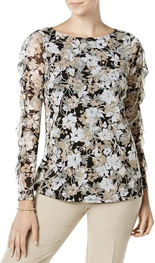 Charter Club Ruffled Floral Print Blouse Women's L Deep Black Combo Long Sleeve