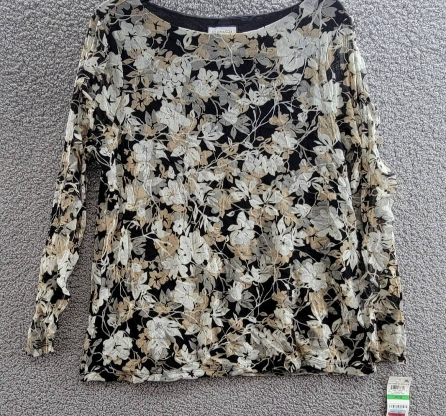 Charter Club Ruffled Floral Print Blouse Women's L Deep Black Combo Long Sleeve