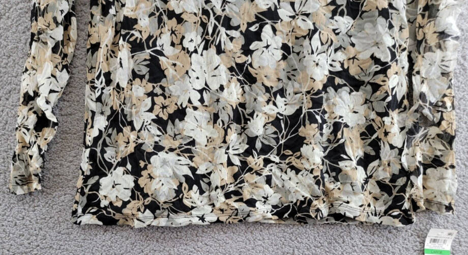 Charter Club Ruffled Floral Print Blouse Women's L Deep Black Combo Long Sleeve