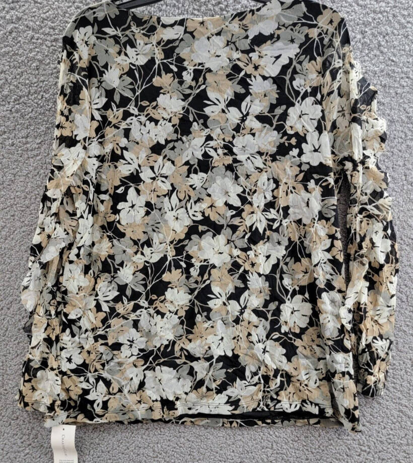 Charter Club Ruffled Floral Print Blouse Women's L Deep Black Combo Long Sleeve