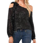 CeCe Sequined One Shoulder Top Women's L Rich Black Long Sleeves Asymmetric Neck