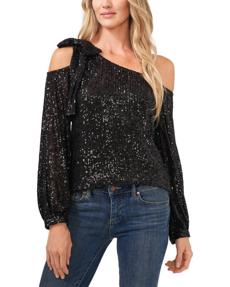 CeCe Sequined One Shoulder Top Women's L Rich Black Long Sleeves Asymmetric Neck