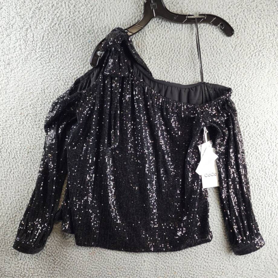 CeCe Sequined One Shoulder Top Women's L Rich Black Long Sleeves Asymmetric Neck