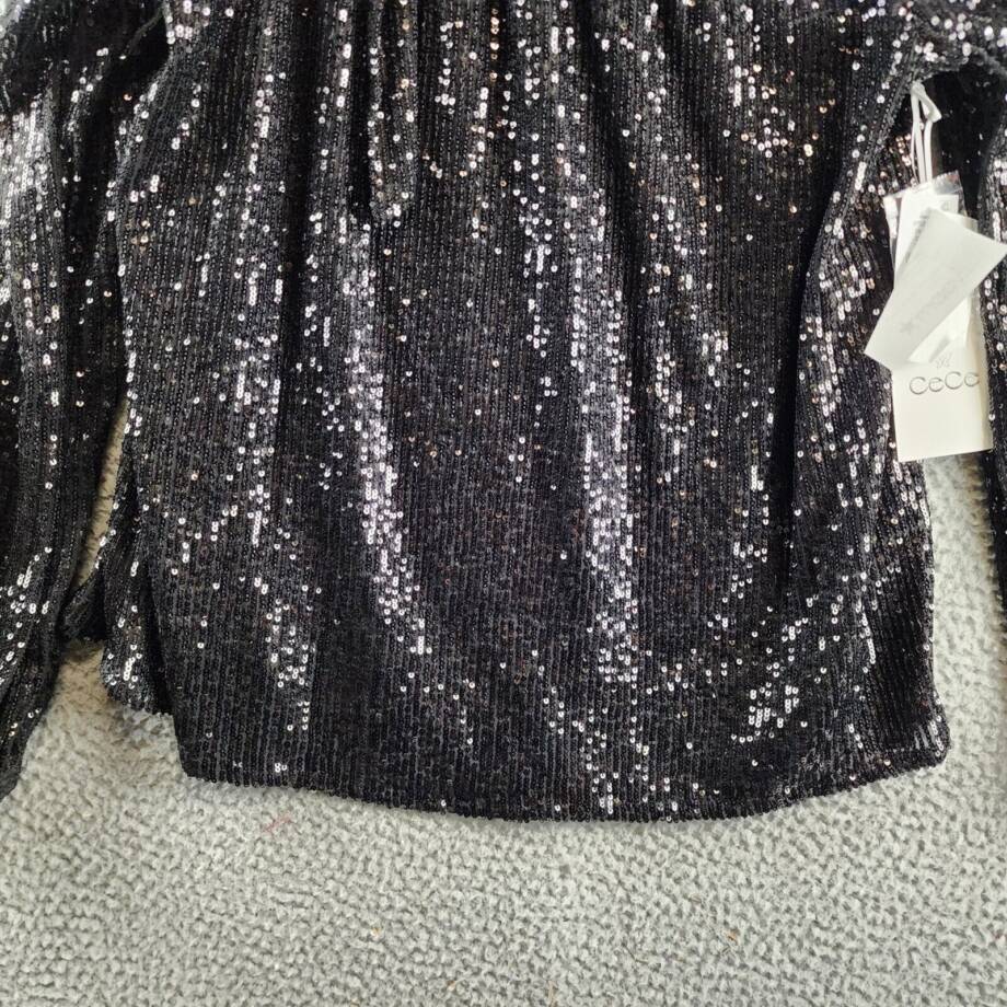 CeCe Sequined One Shoulder Top Women's L Rich Black Long Sleeves Asymmetric Neck