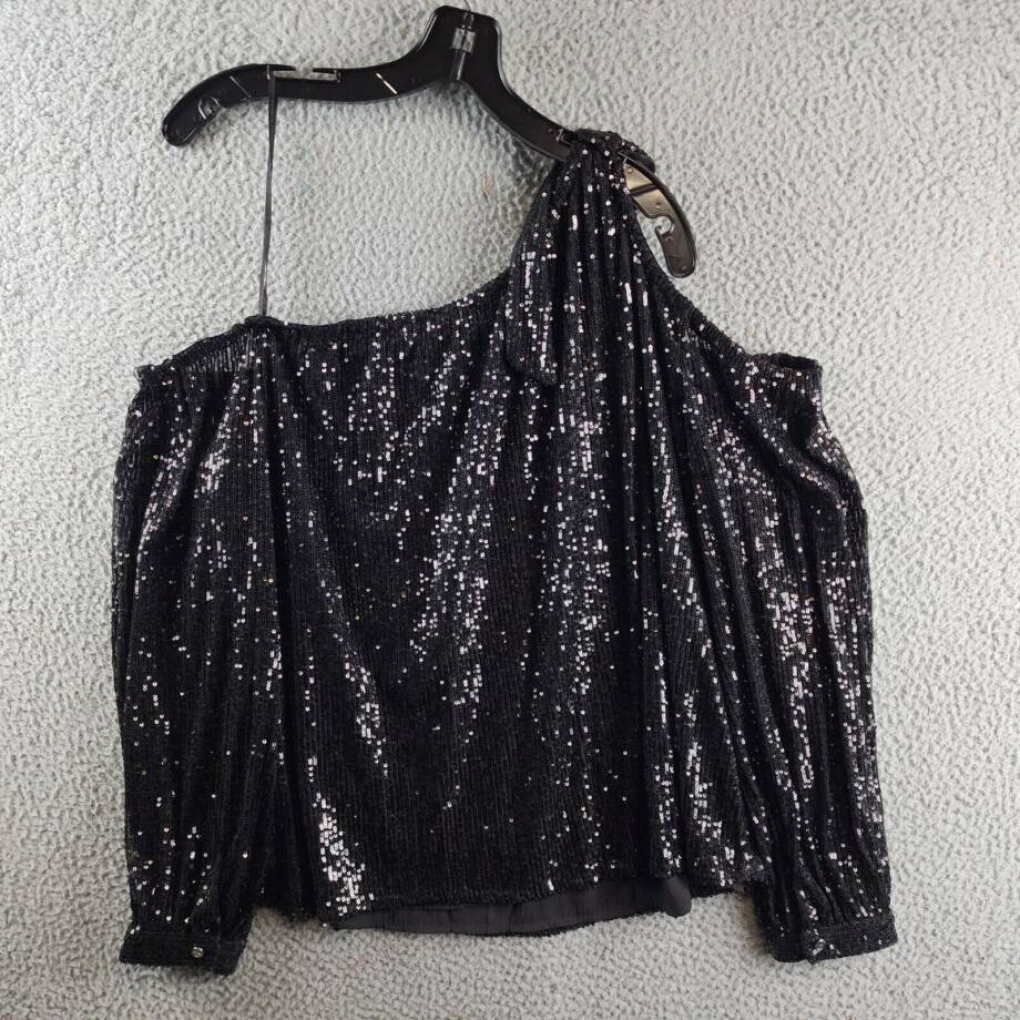 CeCe Sequined One Shoulder Top Women's L Rich Black Long Sleeves Asymmetric Neck