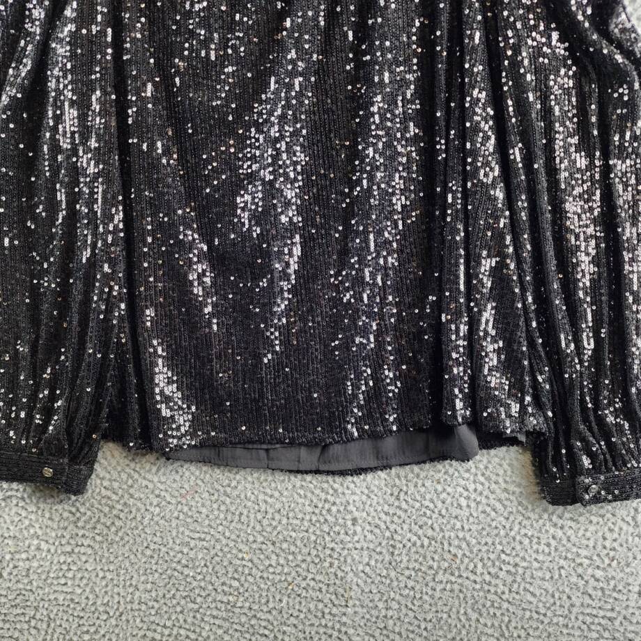 CeCe Sequined One Shoulder Top Women's L Rich Black Long Sleeves Asymmetric Neck