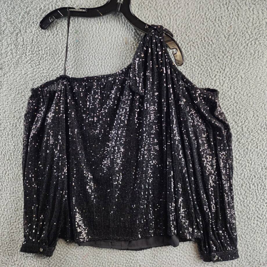 CeCe Sequined One Shoulder Top Women's L Rich Black Long Sleeves Asymmetric Neck