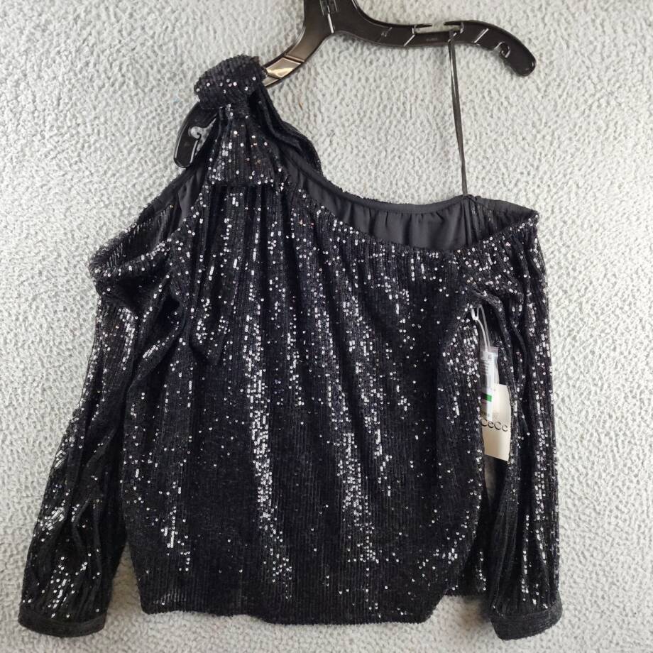 CeCe Sequined One Shoulder Top Women's L Rich Black Long Sleeves Asymmetric Neck