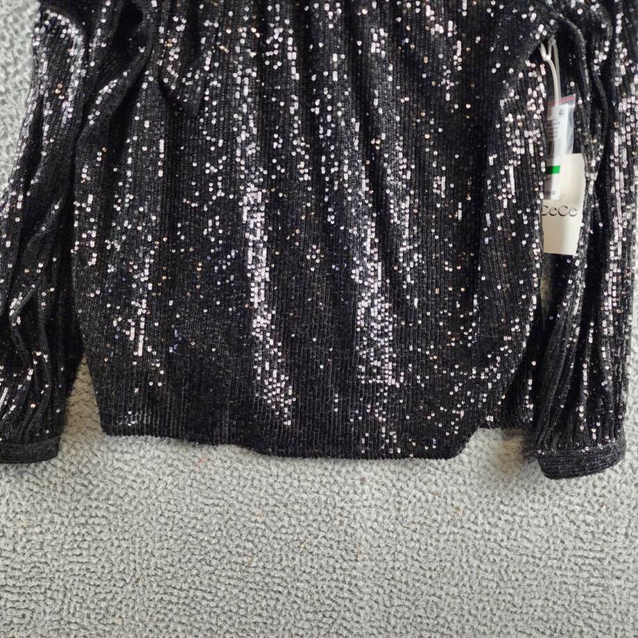 CeCe Sequined One Shoulder Top Women's L Rich Black Long Sleeves Asymmetric Neck