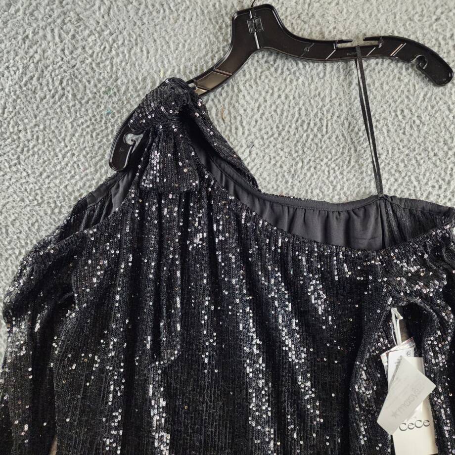 CeCe Sequined One Shoulder Top Women's L Rich Black Long Sleeves Asymmetric Neck