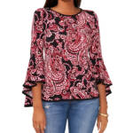 Sam & Jess Bell-Sleeve Top Women's XL Black/Red Paisley Crew Neck 3/4 Sleeve