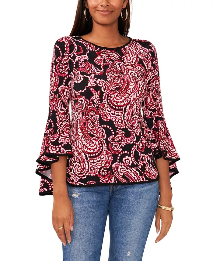 Sam & Jess Bell-Sleeve Top Women's XL Black/Red Paisley Crew Neck 3/4 Sleeve