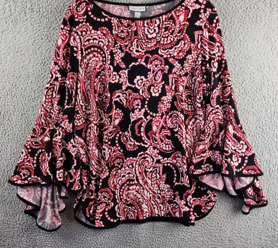 Sam & Jess Bell-Sleeve Top Women's XL Black/Red Paisley Crew Neck 3/4 Sleeve