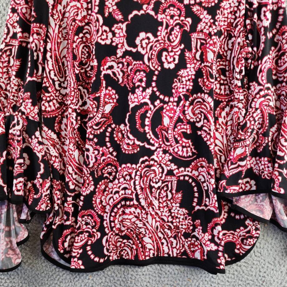 Sam & Jess Bell-Sleeve Top Women's XL Black/Red Paisley Crew Neck 3/4 Sleeve