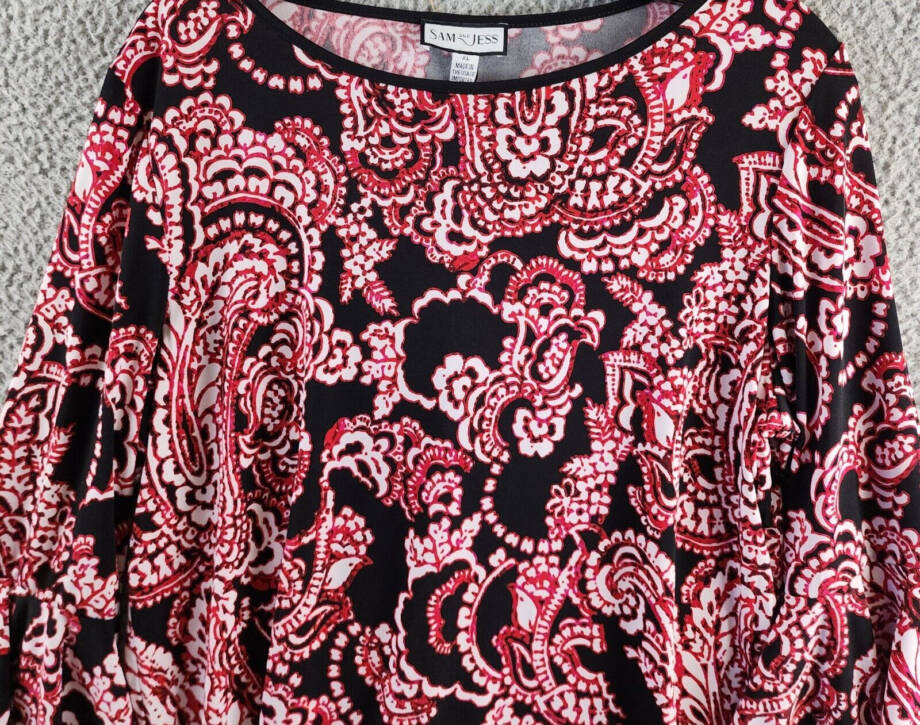 Sam & Jess Bell-Sleeve Top Women's XL Black/Red Paisley Crew Neck 3/4 Sleeve