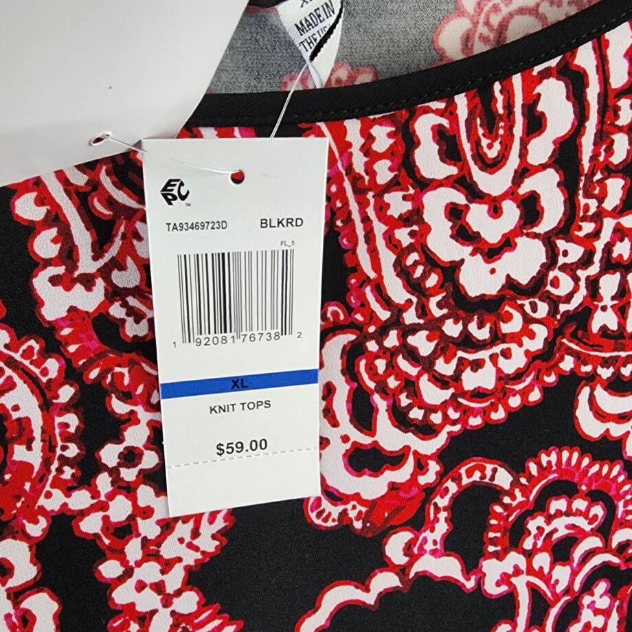 Sam & Jess Bell-Sleeve Top Women's XL Black/Red Paisley Crew Neck 3/4 Sleeve