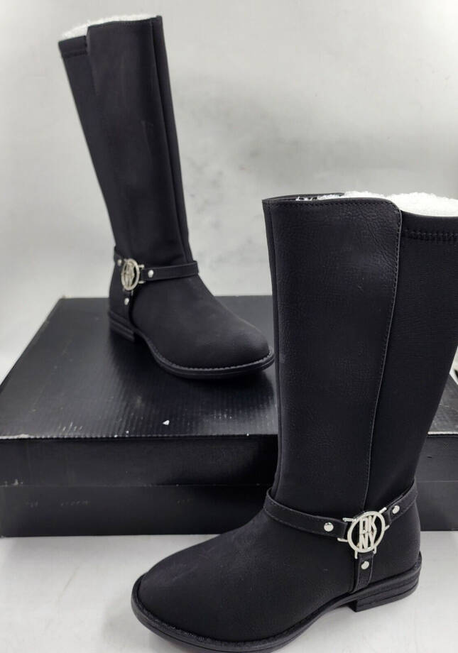 DKNY Kids Emma Harness Logo Detail Elastic Tall Boot Girls 12 Black Side Zip