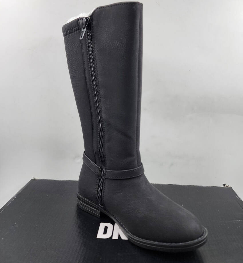 DKNY Kids Emma Harness Logo Detail Elastic Tall Boot Girls 12 Black Side Zip