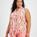 Bar III Plus Size Printed Bow-Tie Sleeveless Blouse Women's 1X Peach Amber Multi
