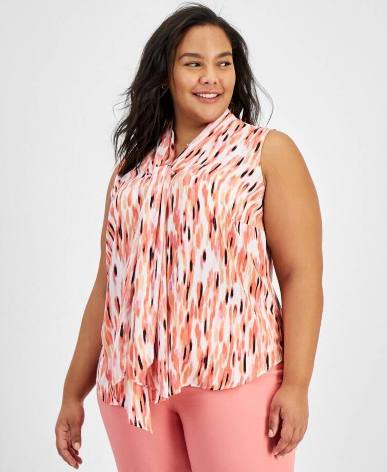 Bar III Plus Size Printed Bow-Tie Sleeveless Blouse Women's 1X Peach Amber Multi