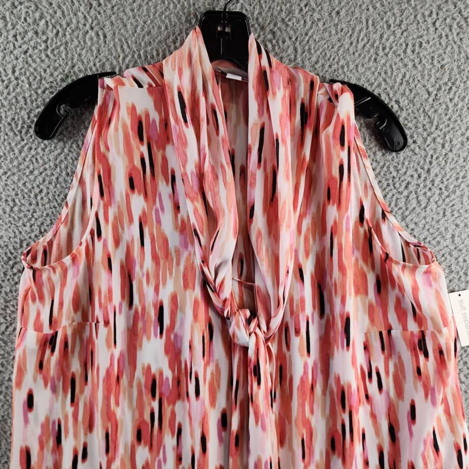 Bar III Plus Size Printed Bow-Tie Sleeveless Blouse Women's 1X Peach Amber Multi