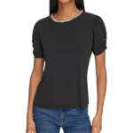 KARL LAGERFELD PARIS Tweed-Trim Knit Top Women's S Black Crewneck Ruched Sleeves