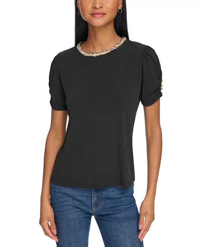 KARL LAGERFELD PARIS Tweed-Trim Knit Top Women's S Black Crewneck Ruched Sleeves