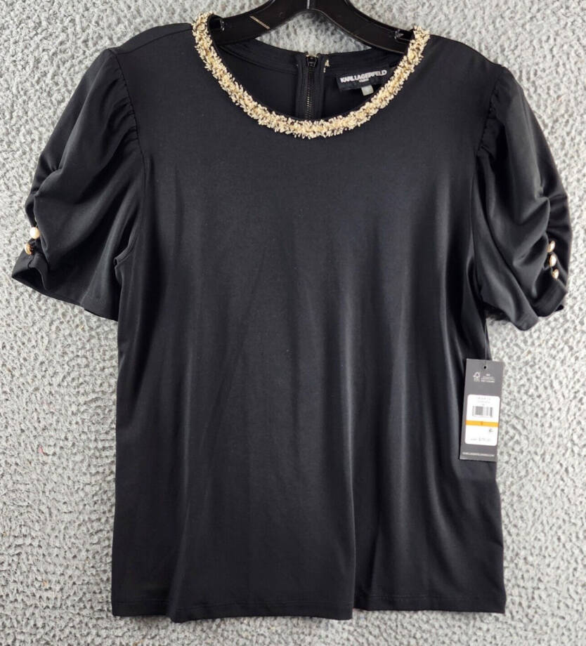 KARL LAGERFELD PARIS Tweed-Trim Knit Top Women's S Black Crewneck Ruched Sleeves
