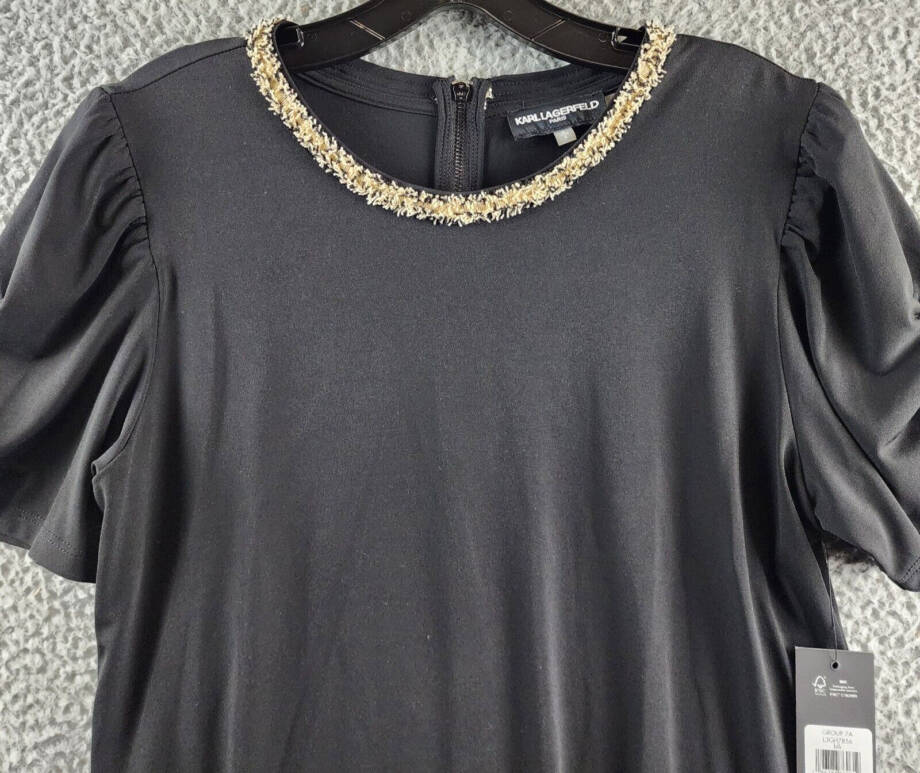 KARL LAGERFELD PARIS Tweed-Trim Knit Top Women's S Black Crewneck Ruched Sleeves