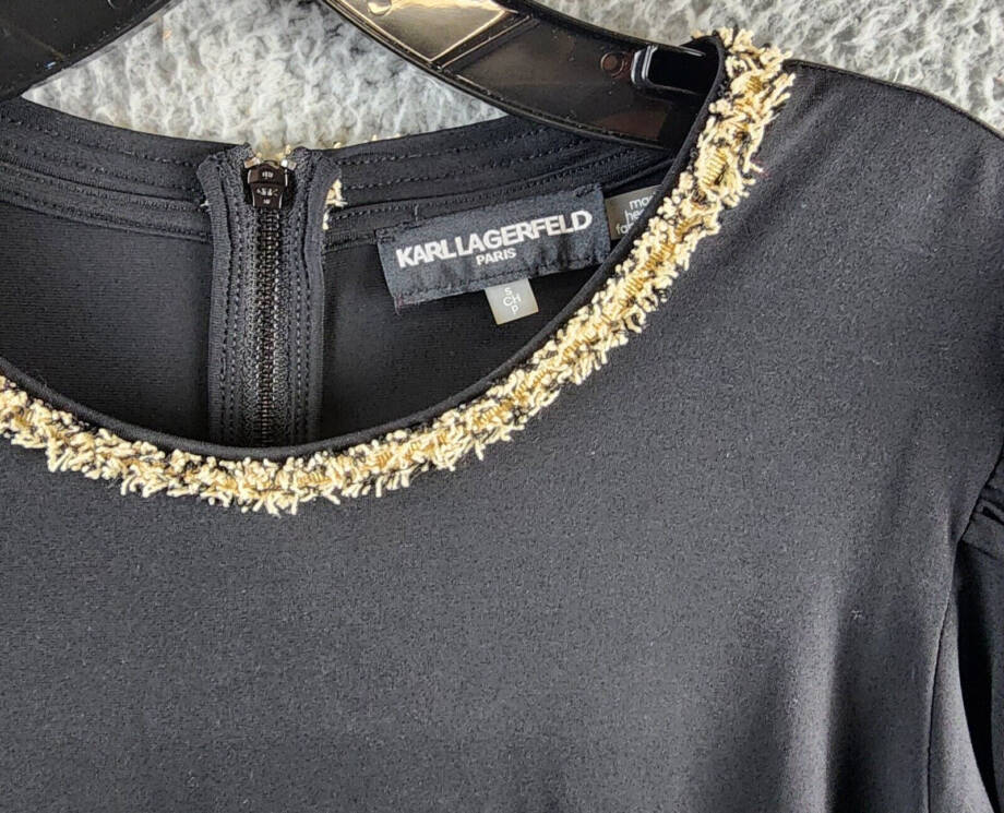 KARL LAGERFELD PARIS Tweed-Trim Knit Top Women's S Black Crewneck Ruched Sleeves