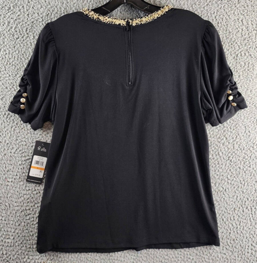 KARL LAGERFELD PARIS Tweed-Trim Knit Top Women's S Black Crewneck Ruched Sleeves