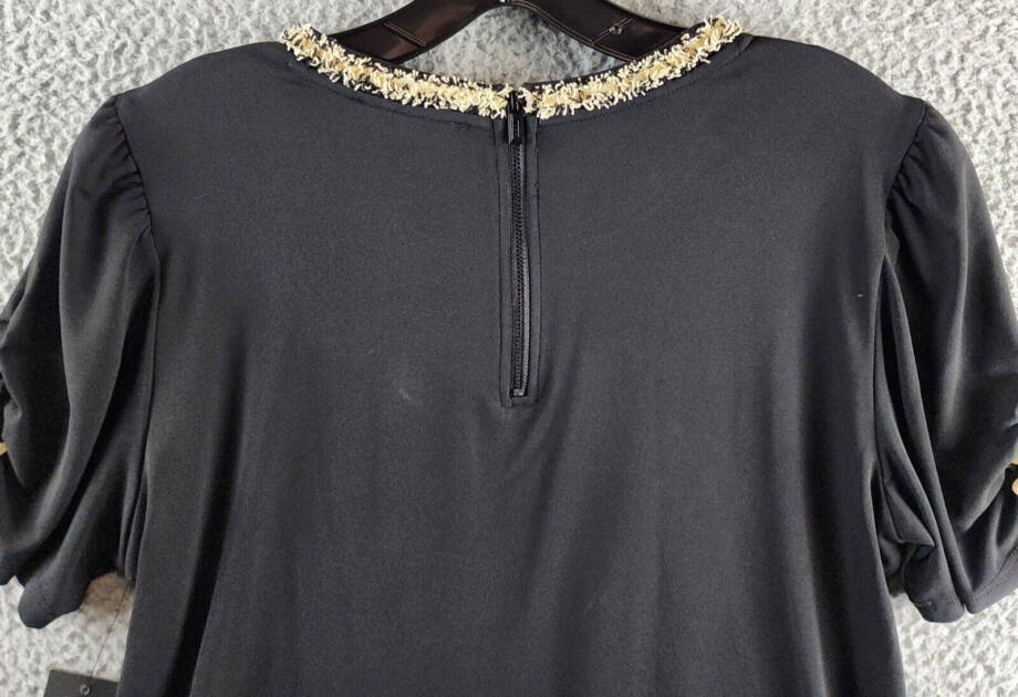 KARL LAGERFELD PARIS Tweed-Trim Knit Top Women's S Black Crewneck Ruched Sleeves