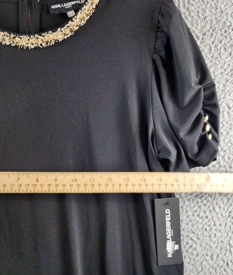 KARL LAGERFELD PARIS Tweed-Trim Knit Top Women's S Black Crewneck Ruched Sleeves