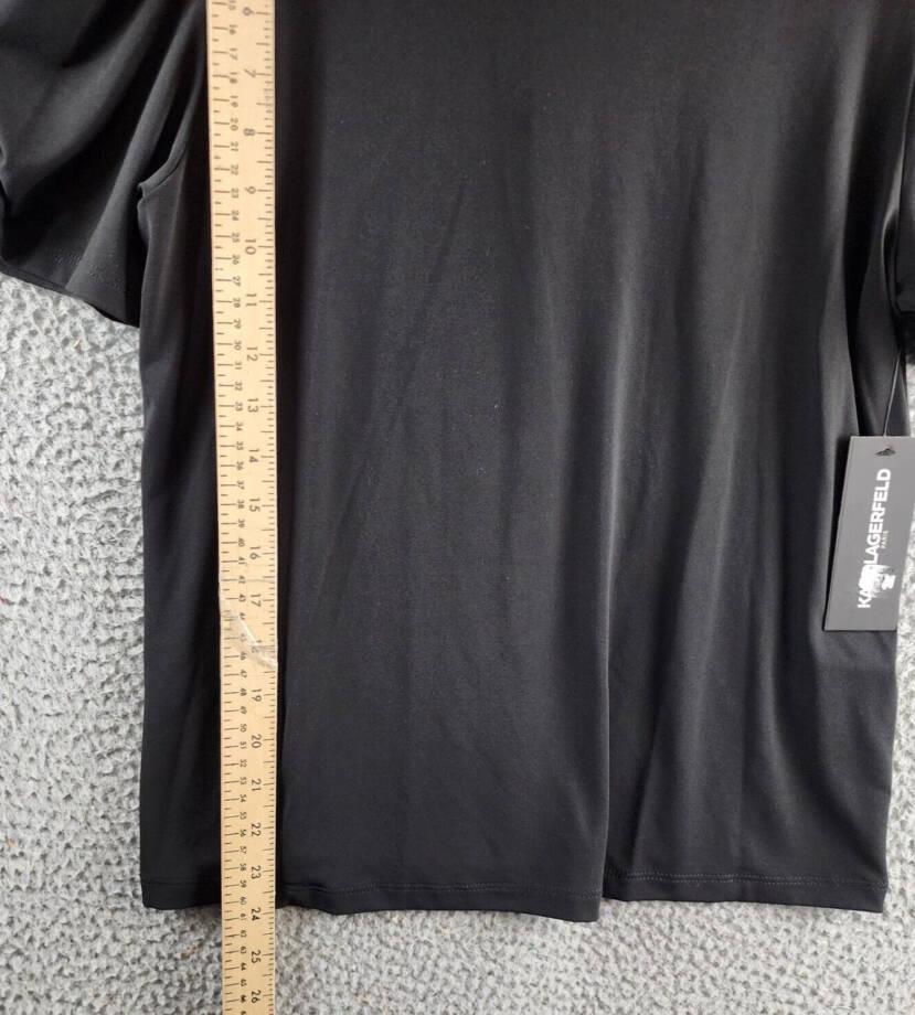KARL LAGERFELD PARIS Tweed-Trim Knit Top Women's S Black Crewneck Ruched Sleeves