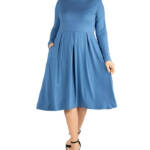 24seven Comfort Apparel Plus Size Fit and Flare Midi Dress Women's 2X Indigo L/S