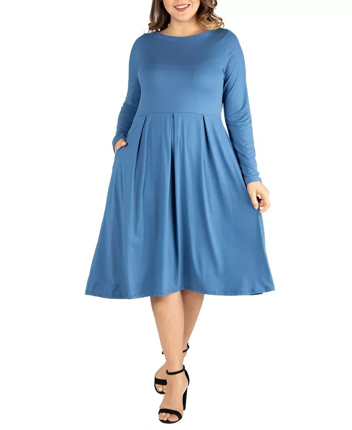 24seven Comfort Apparel Plus Size Fit and Flare Midi Dress Women's 2X Indigo L/S