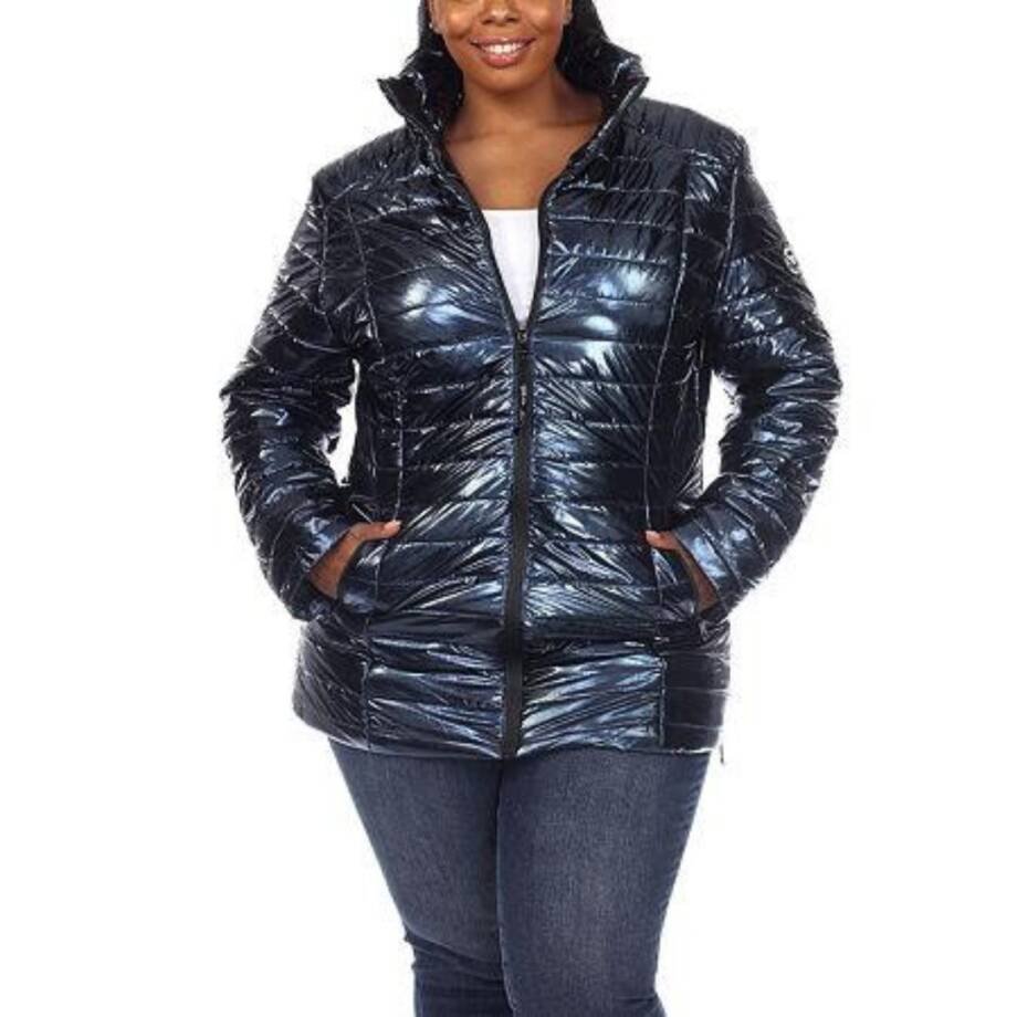 White Mark Plus Size Metallic Puffer Coat Women's 1XL Blue Full Zip Long Sleeve