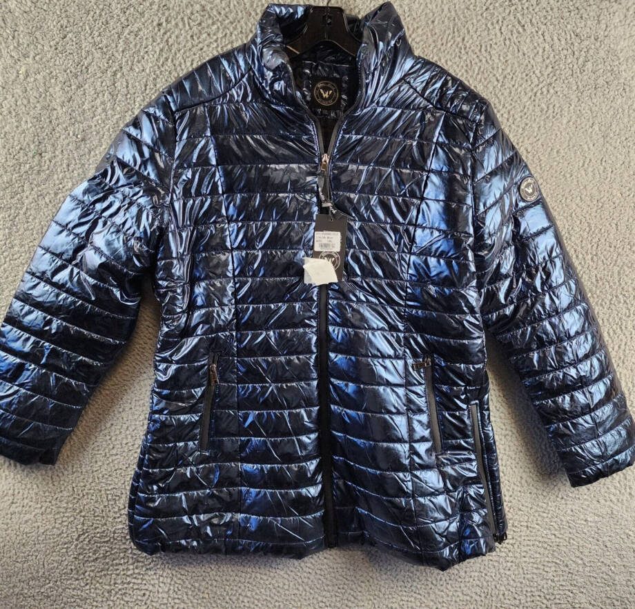 White Mark Plus Size Metallic Puffer Coat Women's 1XL Blue Full Zip Long Sleeve