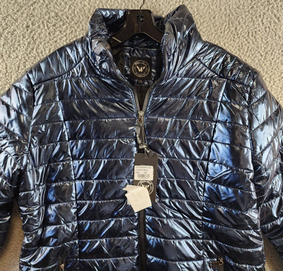 White Mark Plus Size Metallic Puffer Coat Women's 1XL Blue Full Zip Long Sleeve