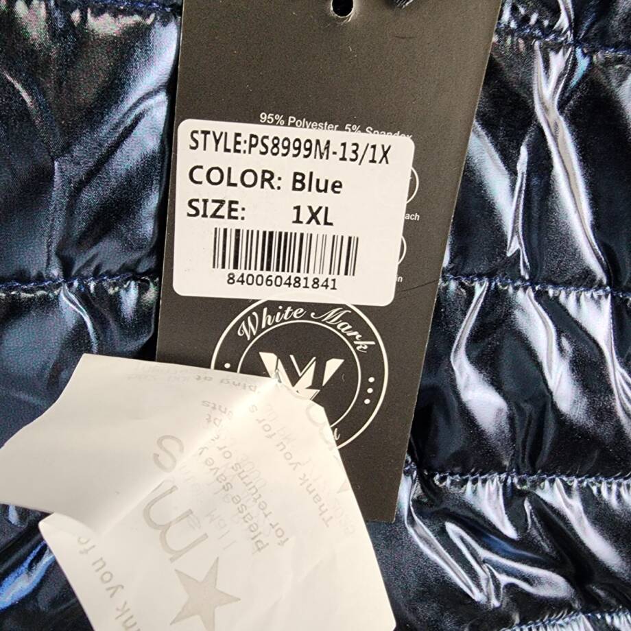 White Mark Plus Size Metallic Puffer Coat Women's 1XL Blue Full Zip Long Sleeve