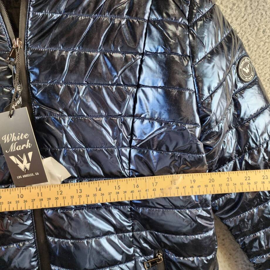 White Mark Plus Size Metallic Puffer Coat Women's 1XL Blue Full Zip Long Sleeve