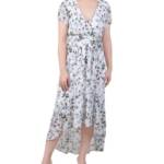 NY Collection Petite High Low Hem Chiffon Dress Women's PL Ivory Blue Floral