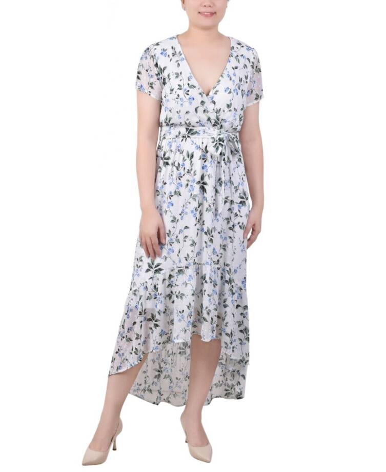 NY Collection Petite High Low Hem Chiffon Dress Women's PL Ivory Blue Floral