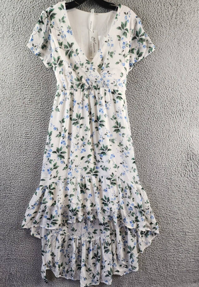 NY Collection Petite High Low Hem Chiffon Dress Women's PL Ivory Blue Floral