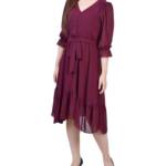 NY Collection Petite 3/4 Sleeve V-neck Flounced Dress Women's PL Wine Tie Belt