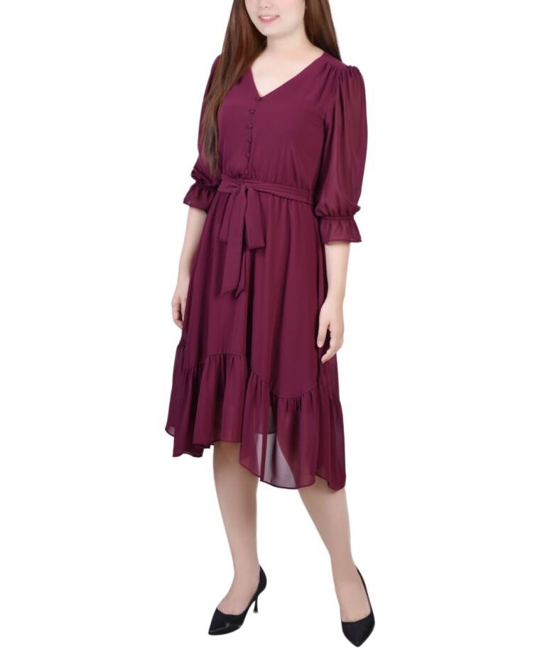 NY Collection Petite 3/4 Sleeve V-neck Flounced Dress Women's PL Wine Tie Belt